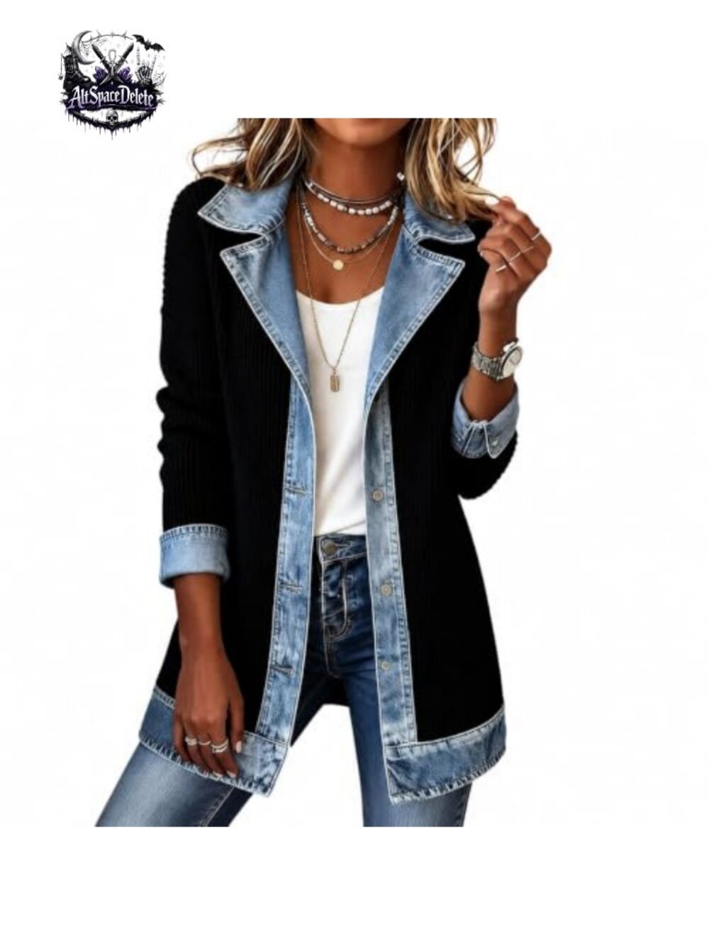 Women's Denim Patchwork Cardigan Jacket Button Down Long Sleeve Relaxed Fit